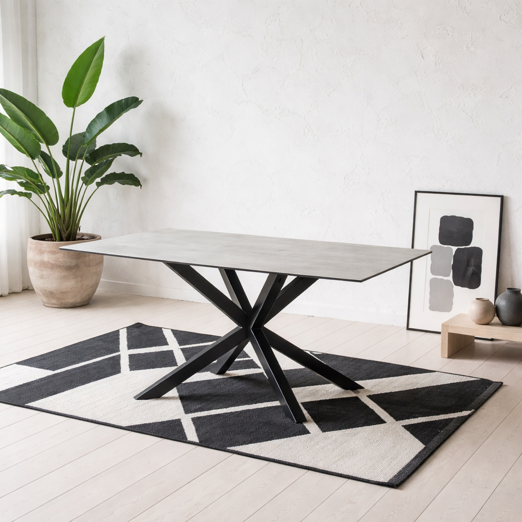 Perth 135cm 4 Seater Grey Ceramic Dining Table Industrial Black Metal Legs