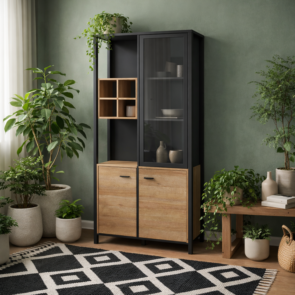 Egtved Black and Natural Oak Wood Effect Display Cabinet 3 Doors