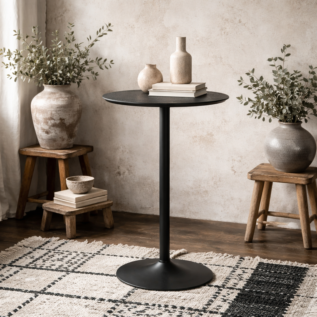 Aars Tall Black Marble Effect Round Bar Table Trumpet Base