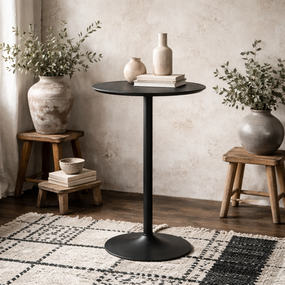 Aars Tall Black Marble Effect Round Bar Table Trumpet Base