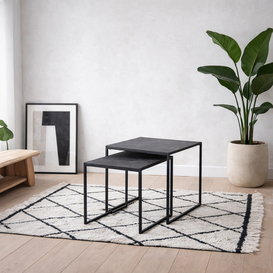 Set of 2 Holbaeck Black Marble Effect Square Nesting Coffee Tables