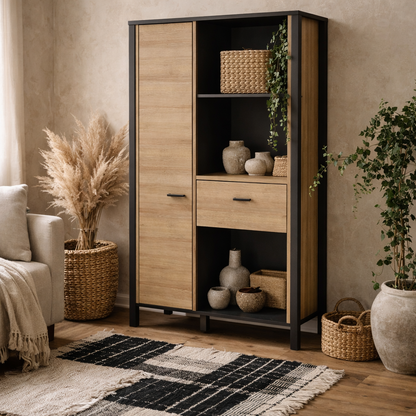 Egtved Black and Natural Oak Wood Effect Wide Shelving Unit 1 Drawer 1 Door