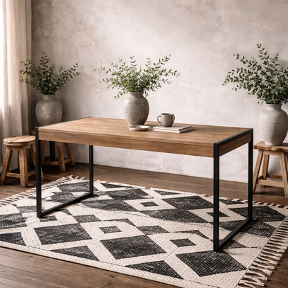 Egtved Black and Natural Oak Wood Effect Dining Table Metal Legs