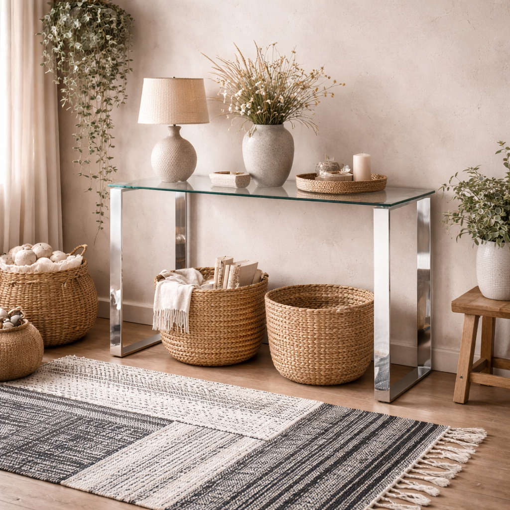 Frederikssund Glass Top Console Table Silver Legs