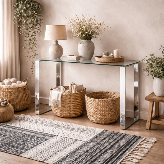 Frederikssund Glass Top Console Table Silver Legs