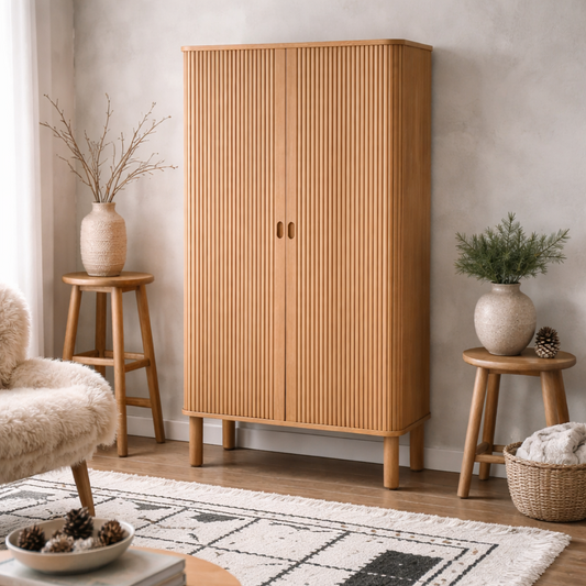 Copenhagen Natural Oak Wood Etched Cabinet 2 Tambour Doors