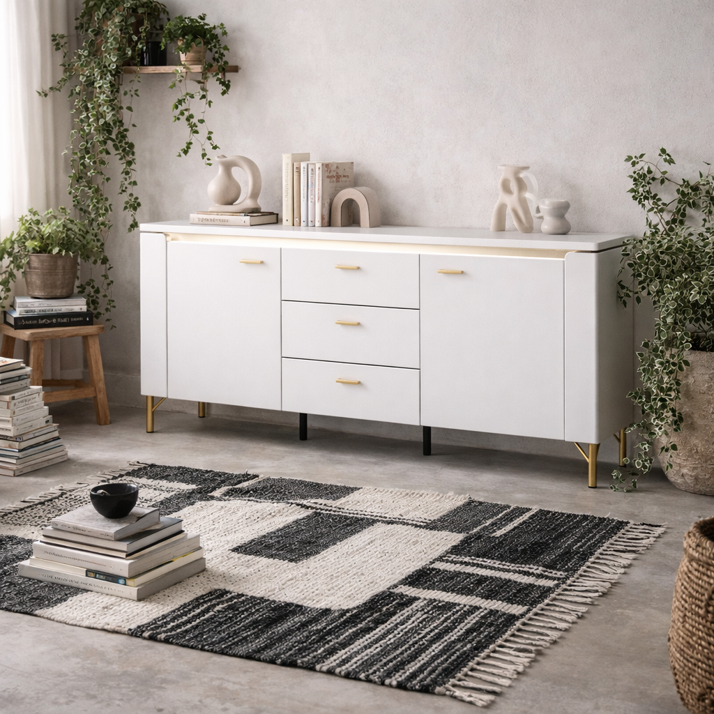 Maribo White TV Cabinet 2 Door 3 Drawer Gloss Gold Metal Legs