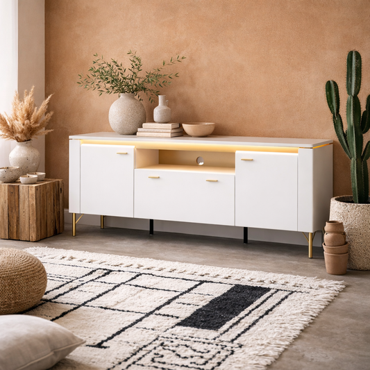 Maribo White TV Cabinet 2 Door 1 Drawer Gold Metal Legs