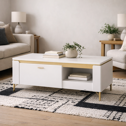 Maribo Matt White Coffee Table 1 Drawer Gold Metal Legs