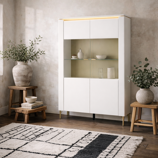 Maribo White 2 Door Display Cabinet Gold Metal Legs