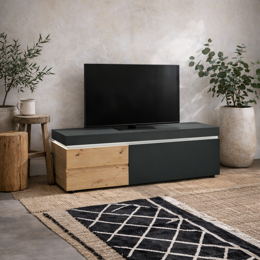 Ebeltoft 150cm Natural Oak Wood and Black TV Unit with LED Lights 1 Door 2 Drawer