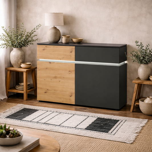Ebeltoft Natural Oak Wood and Black 2 Door 2 Drawer Cabinet with LED Lights