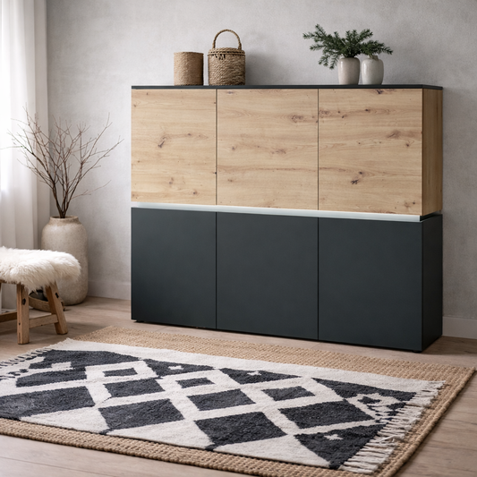 Ebeltoft Natural Oak Wood and Black 6 Door Cabinet with LED Lights