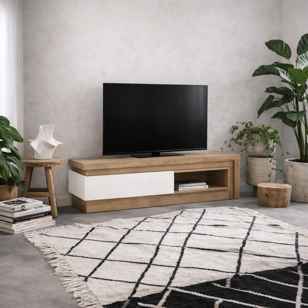 Hjorring Natural Oak Wood and White Gloos 1 Drawer TV Cabinet Open Shelf