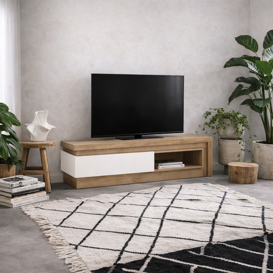 Hjorring Natural Oak Wood and White Gloos 1 Drawer TV Cabinet Open Shelf