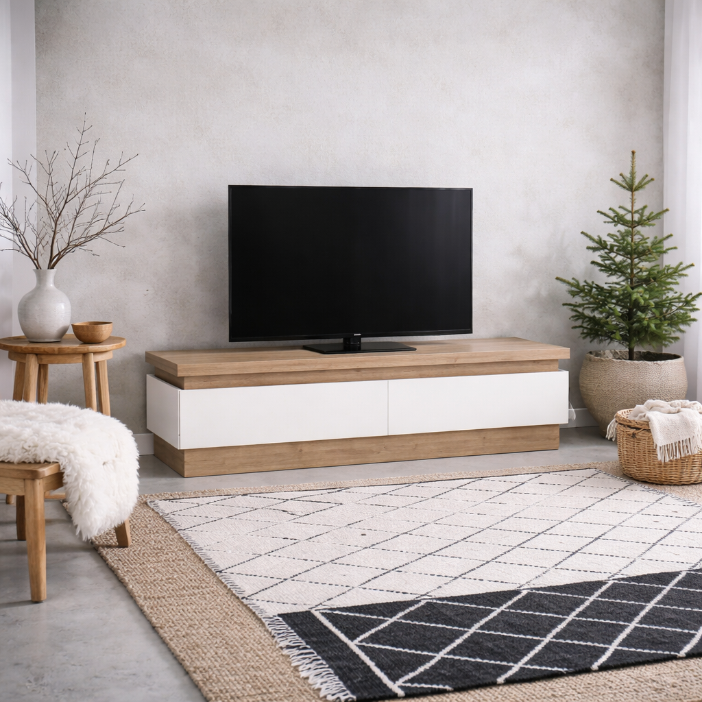 Hjorring White Gloss and Natural Oak Wood TV Cabinet 2 Drawer