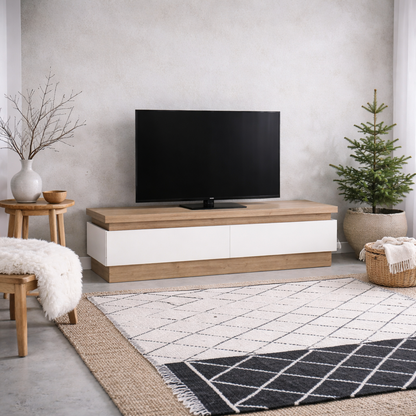 Hjorring White Gloss and Natural Oak Wood TV Cabinet 2 Drawer