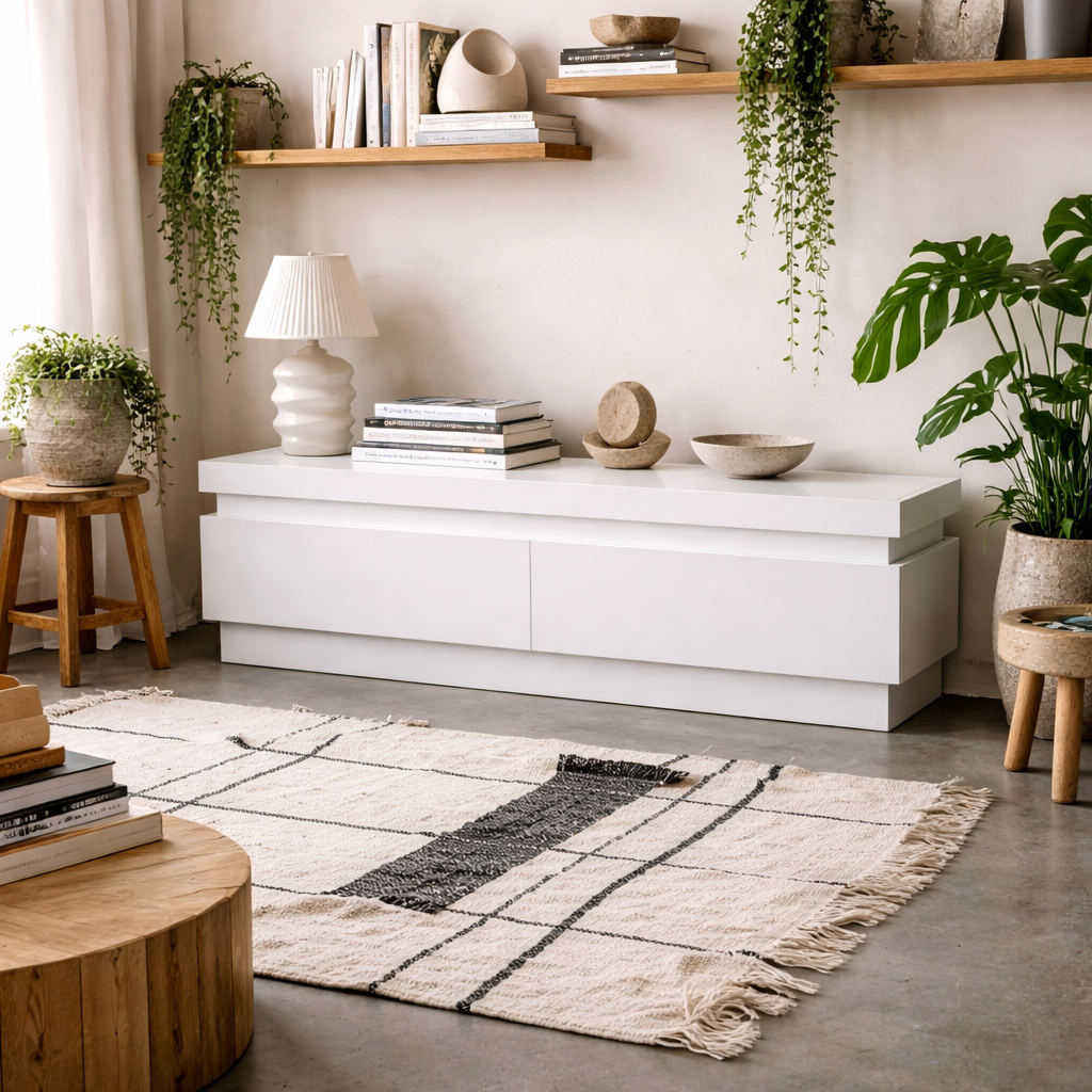 Hjorring White Gloss TV Cabinet 2 Drawer TV Cabinet with LED Lights