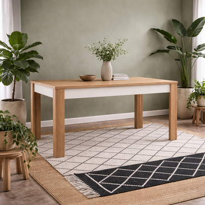 Hjorring Large White and Natural Oak Wood Extending Dining Table