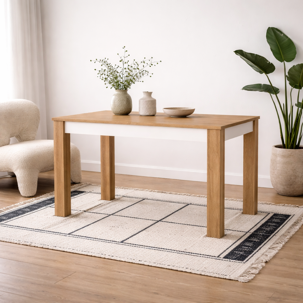 Hjorring Medium White and Natural Oak Wood Extending Dining Table