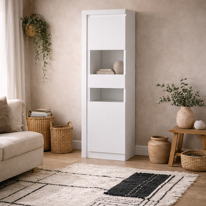 Hjorring White Wooden Tall Narrow Display Cabinet with LED Lights
