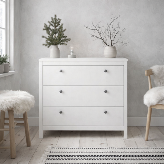 Gossmere White Wooden Storage Chest 3 Drawers Silver Handles