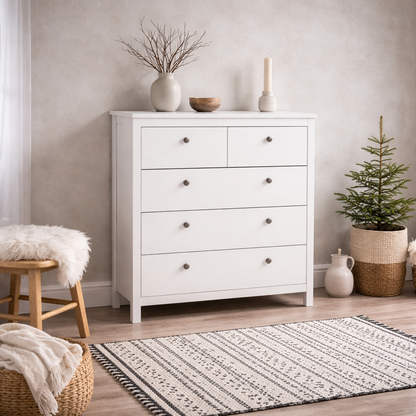 Gossmere White Wooden Storage Chest 5 Drawers in White Silver Handles