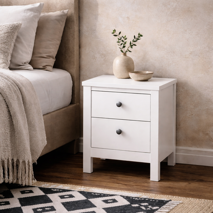 Gossmere White Wooden Bedside Table 2 Drawers Silver Handles