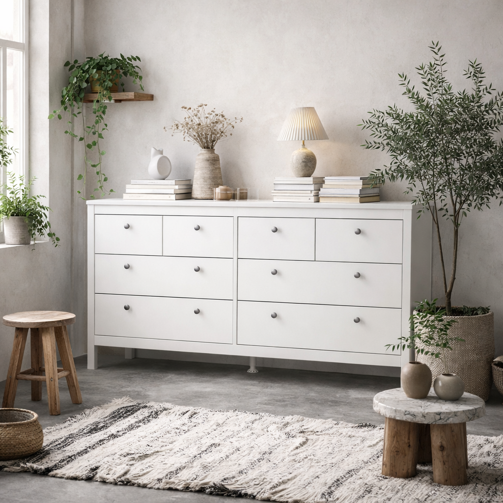 Gossmere White Wooden Large Double Dresser 8 Drawers Silver Handles