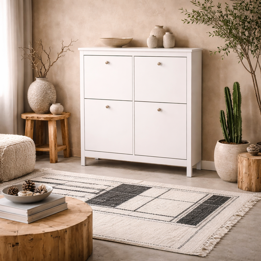 Gossmere White Wooden Square Shoe Cabinet 4 Flip Down Doors Silver Handles