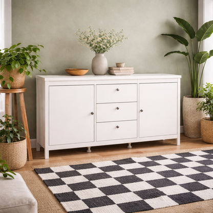 Gossmere White Wooden Sideboard 2 Doors  3 Drawers Silver Handles