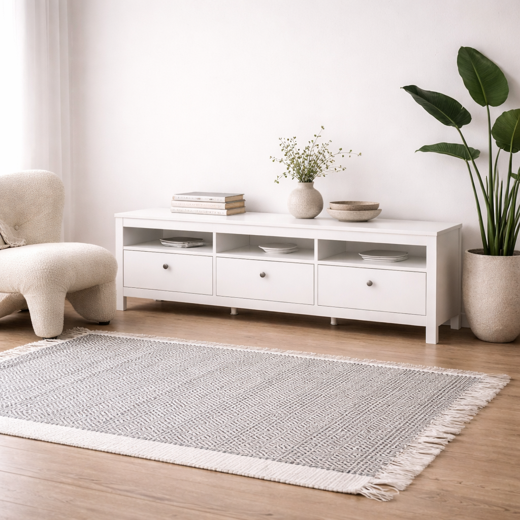 Gossmere White Wooden TV Unit 3 Drawers Silver Handles