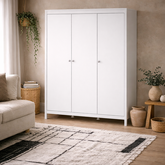 Gossmere White Wooden Wardrobe 3 Doors Silver Handles