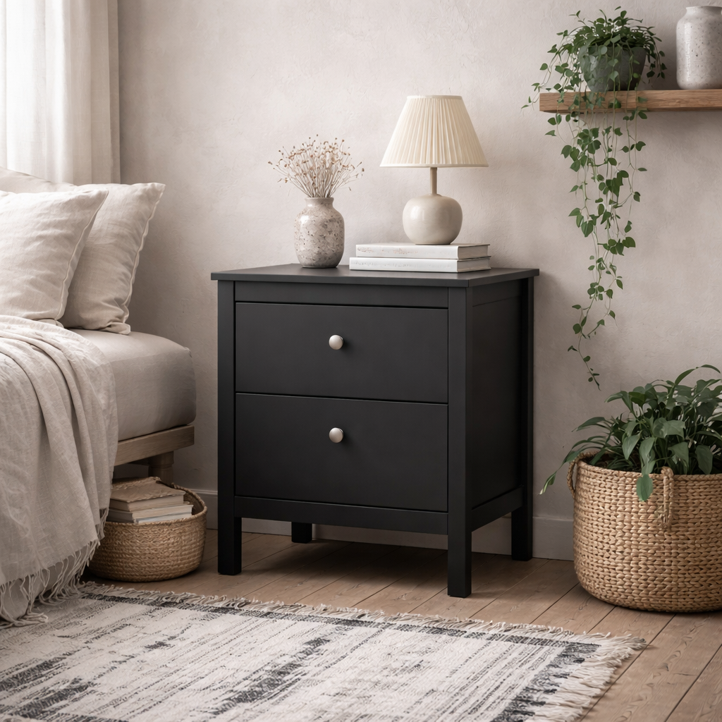 Gossmere Black Wooden Bedside Table 2 Drawers Silver Handles