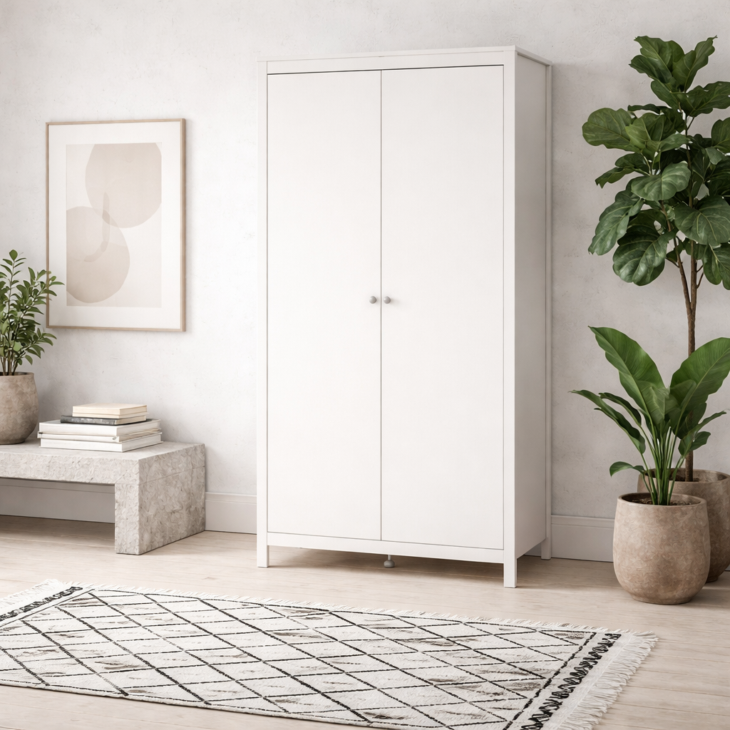 Gossmere White Wooden Wardrobe 2 Doors Silver Handles