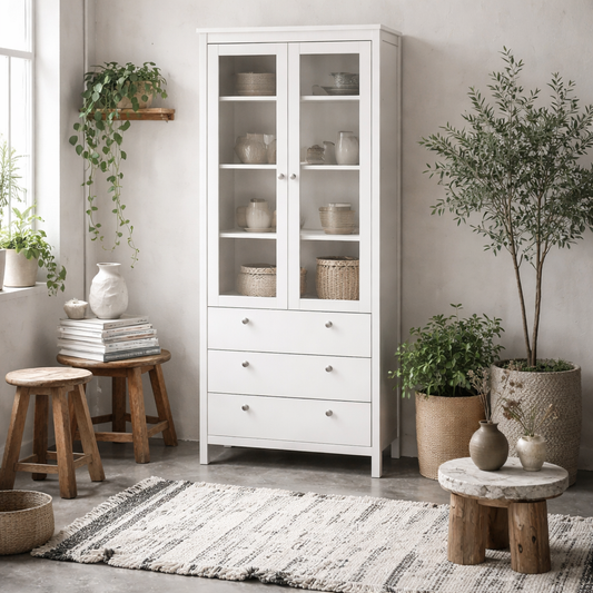 Gossmere White Wooden China Cabinet 2 Glass Doors 3 Drawers Silver Handles