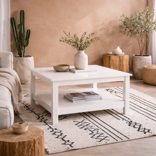 Gossmere White Wooden Square Coffee Table Bottom Shelf