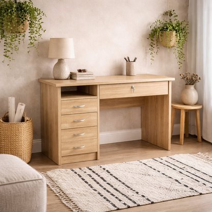 Billabong Natural Oak Wood Office Desk 5 Drawers