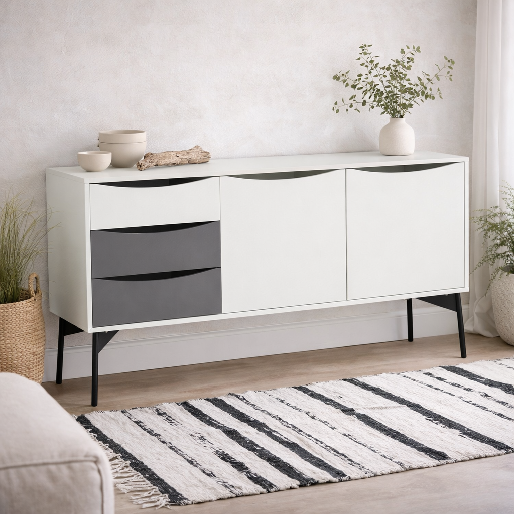 Nordborg Grey and White Wooden Sideboard 2 Doors 3 Drawers