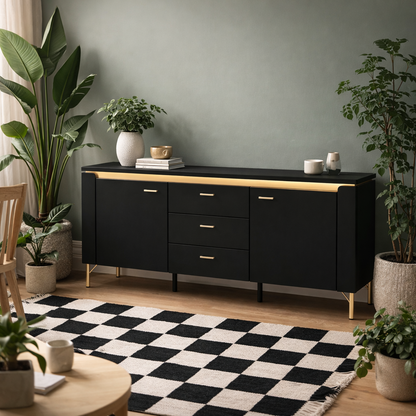 Marslet 155cm Black and Gold TV Cabinet 2 Door 3 Drawer with LED Lights