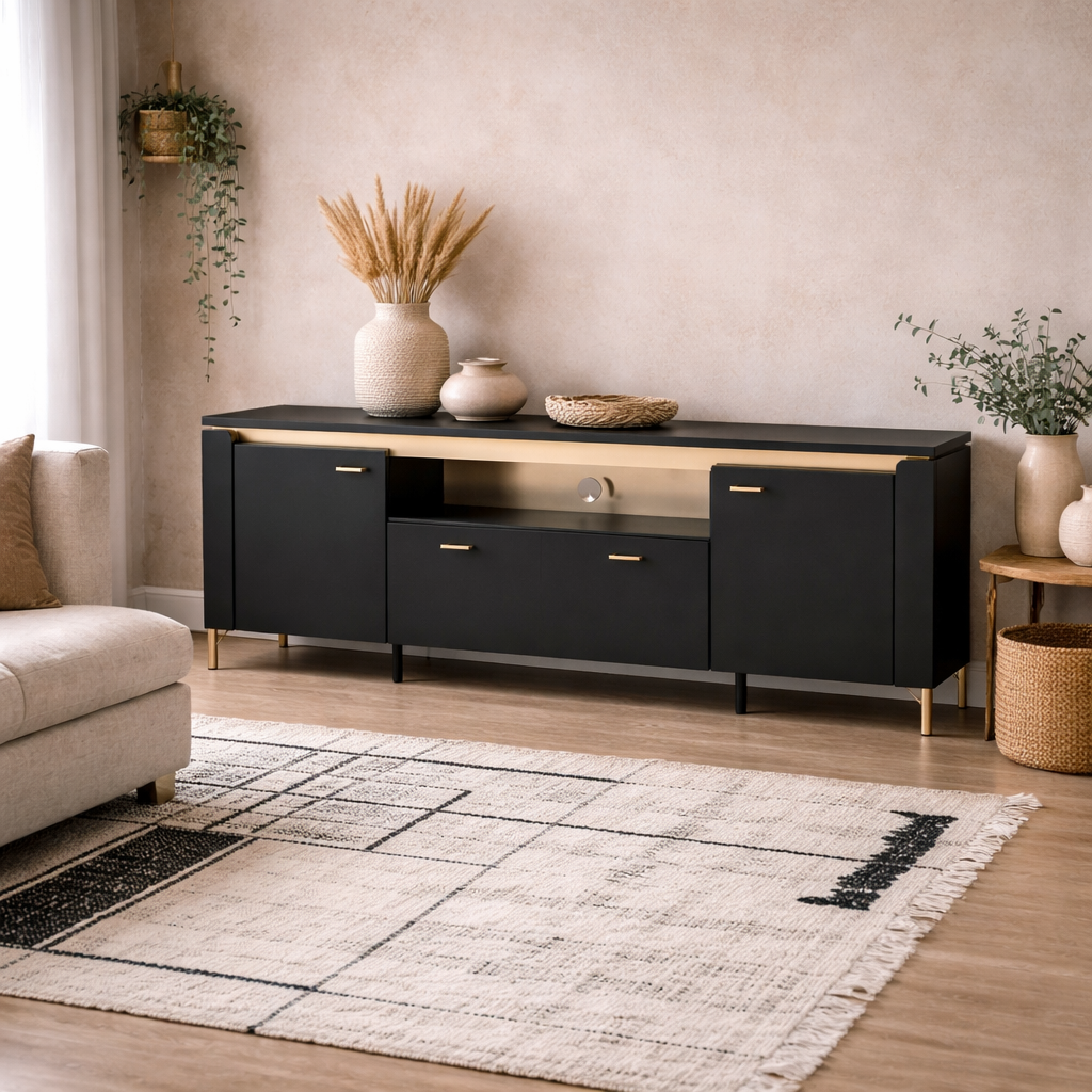 Marslet 200cm Black and Gold TV Cabinet 2 Door 1 Drawer with LED Lights