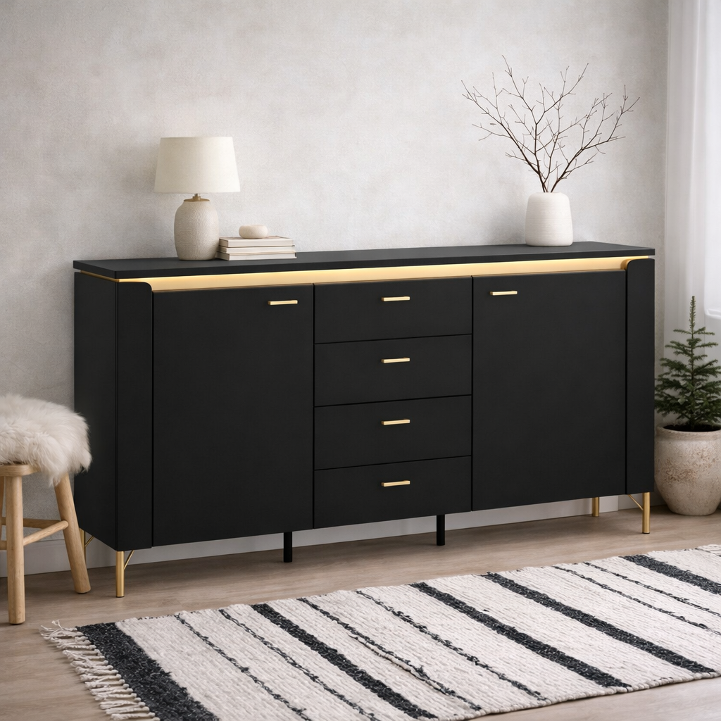 Marslet Black and Gold Sideboard 2 Door 4 Drawer with LED Lights