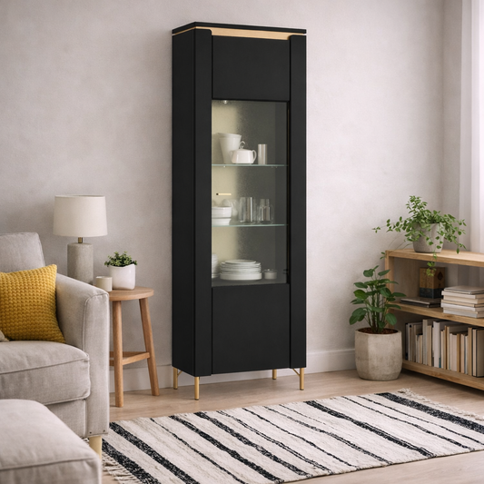 Marslet Narrow Black and Gold Display Vitrin Cabinet 1 Door with LED Lights