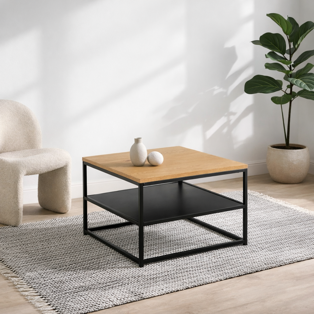 Haslev Natural Oak Square Coffee Table with Full Bottom Shelf