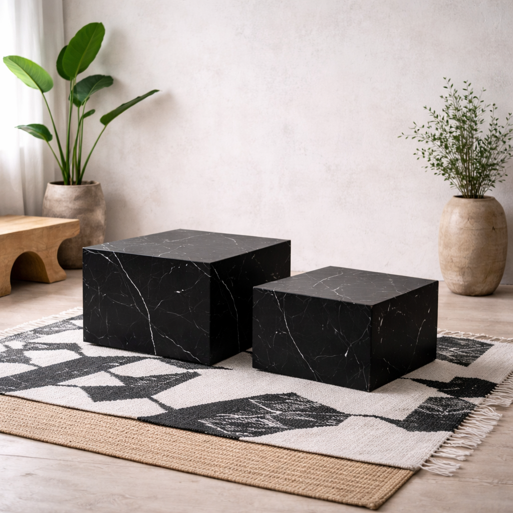 Set of 2 Lincoln Black Marquina Marble Square Coffee Table