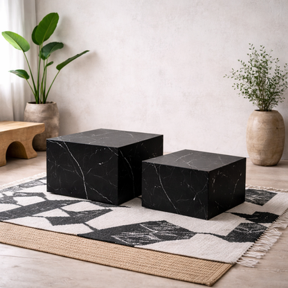 Set of 2 Lincoln Black Marquina Marble Square Coffee Table