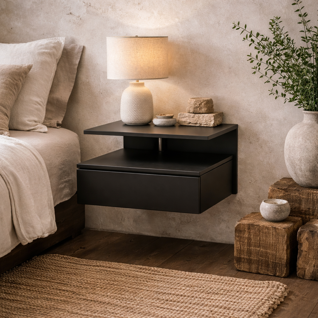 Lincoln Black Wooden Floating Bedside Table 1 Drawer Open Shelf