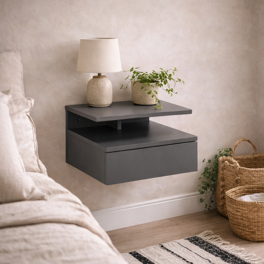 Lincoln Grey Wooden Floating Bedside Table 1 Drawer Open Shelf