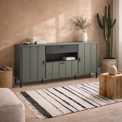 Elowynd Olive Green and Grey Panelled Sideboard 3 Door 1 Drawer
