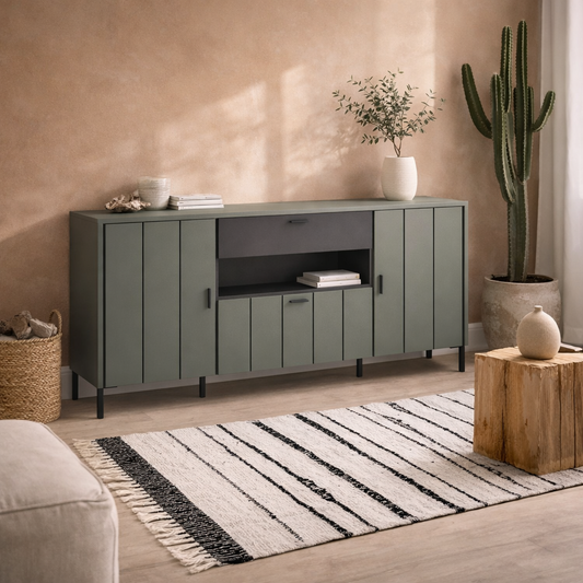 Elowynd Olive Green and Grey Panelled Sideboard 3 Door 1 Drawer